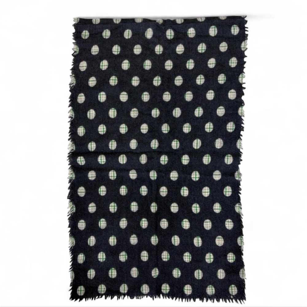 Wool Scarf Wrap Navy with Green-and-White Polka Dots Textured Raw Fringe Edges